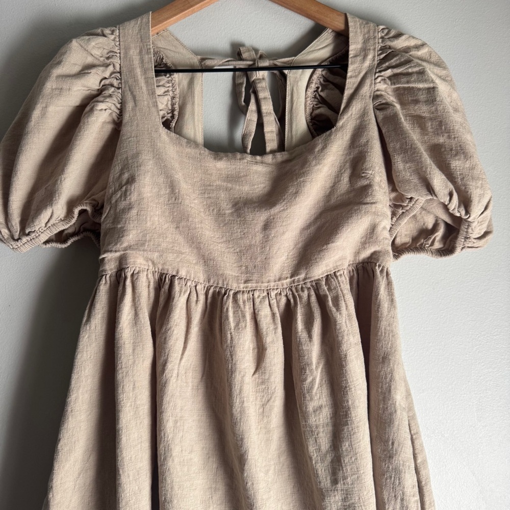 Altar'd State Tan Puff Short Sleeve Tie Open Back Mini Dress Size XS - Picture 4 of 8